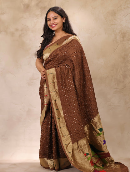 Brown Handcrafted Bandhani Paithani Dola Silk Saree | Looms & Tassels