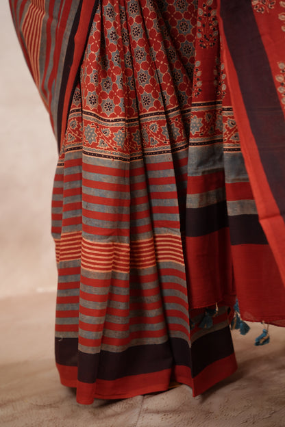 Red Ajrakh Hand Block Printed Cotton Saree | Looms & Tassels
