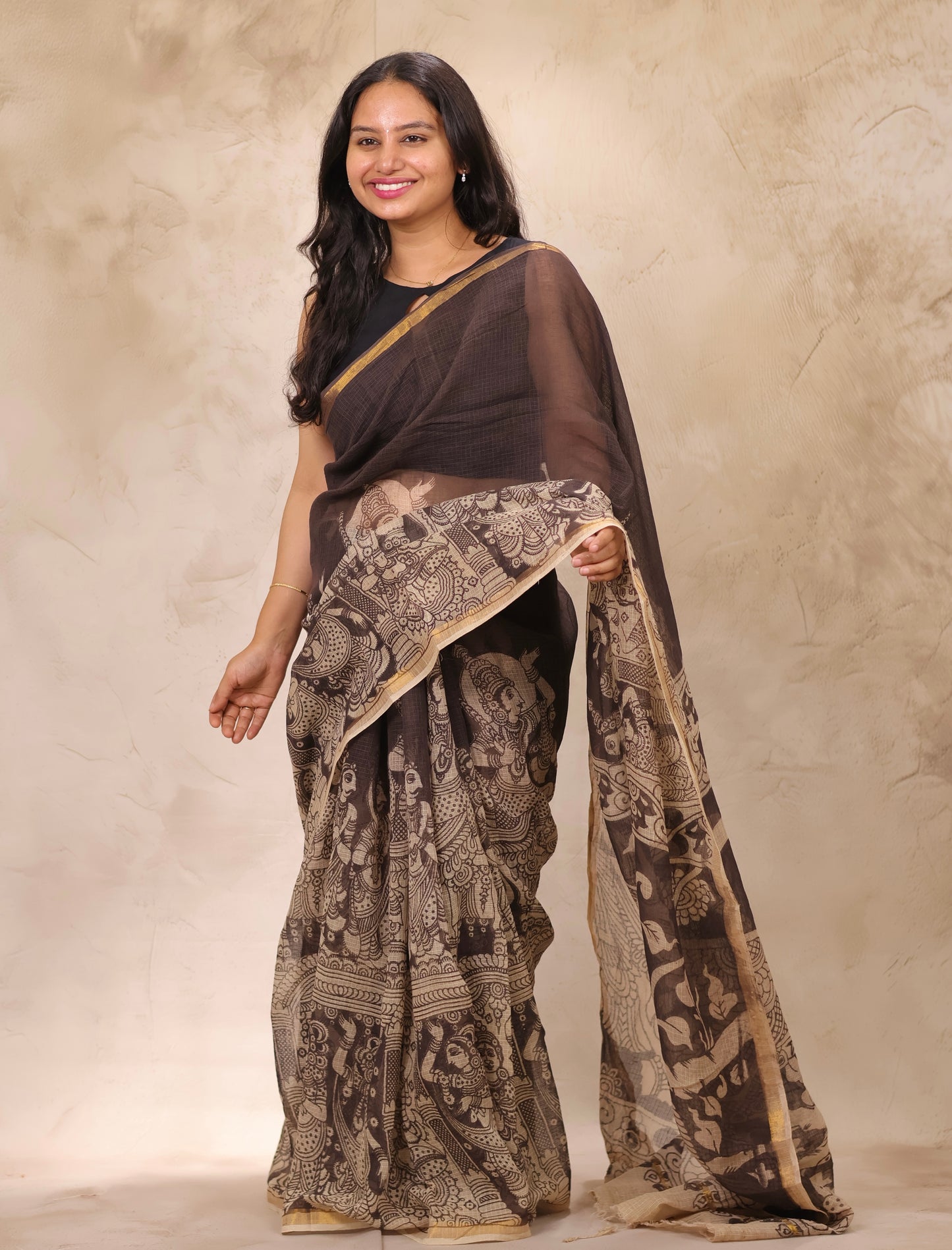 Light Black Kota Doria Saree with Kalamkari Handblock Prints | Looms & Tassels