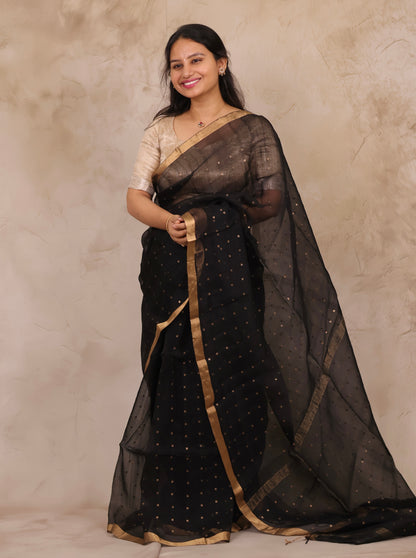 Black Handwoven Muslin Silk Saree With Sequence Work | Looms & Tassels