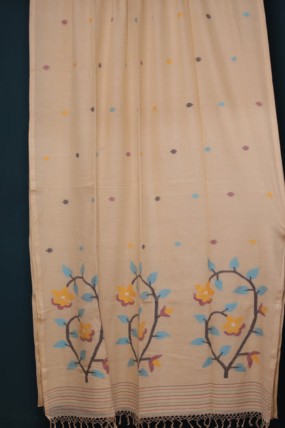Cream Pure Handwoven Jamdhani Malai Cotton Saree