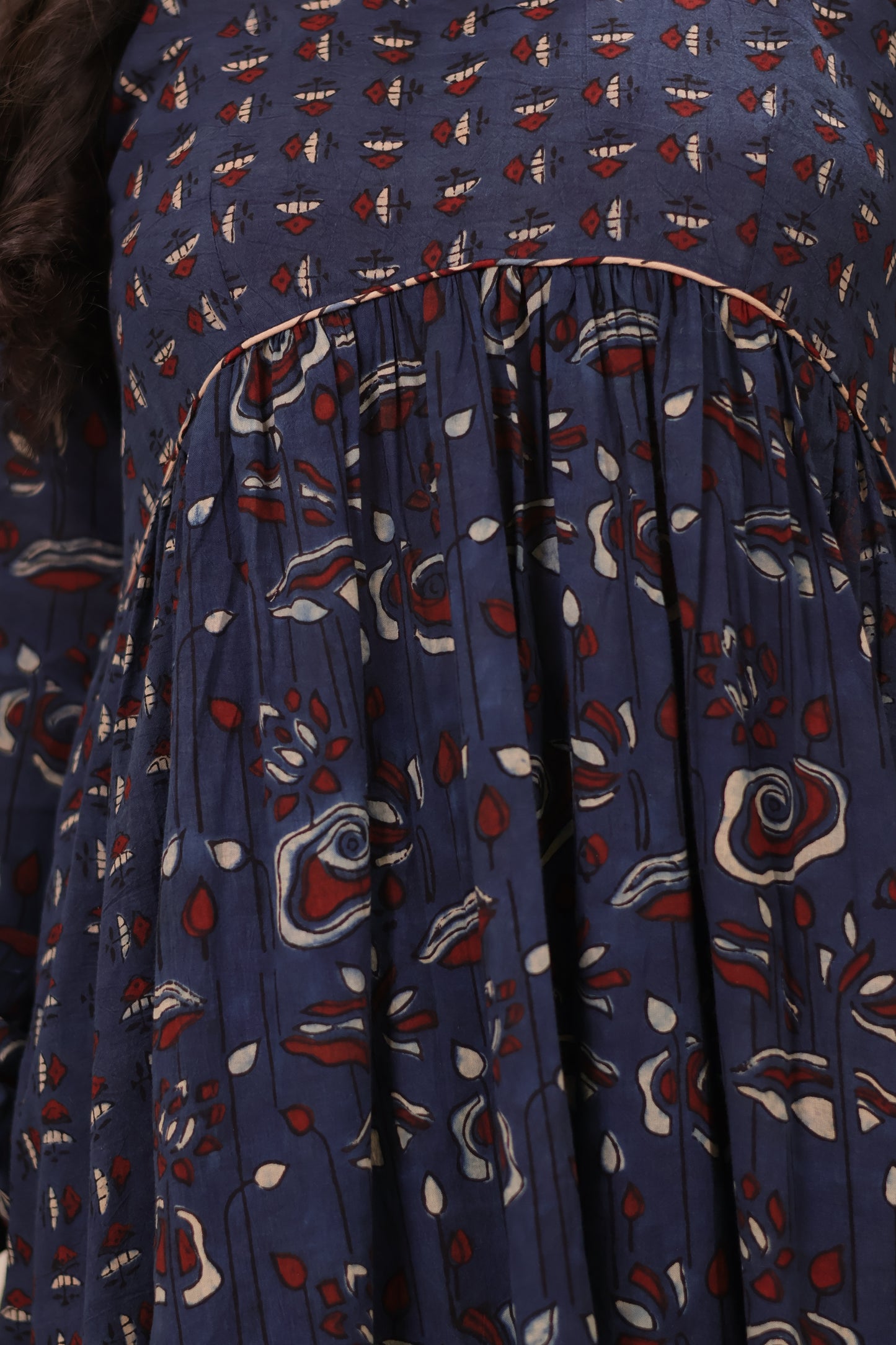 Indigo Ajrakh Hand Block Printed Pure Mul Cotton Aline Kurta | Looms & Tassels