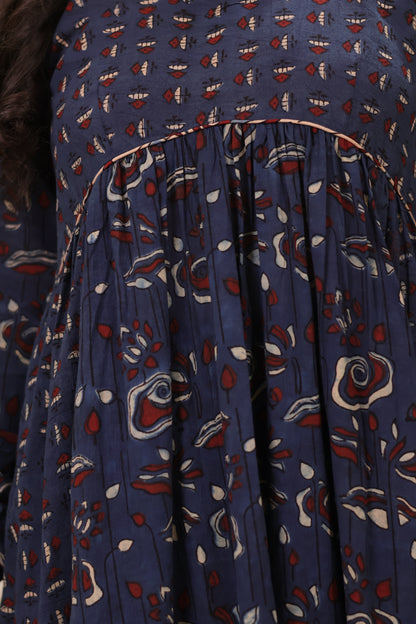 Indigo Ajrakh Hand Block Printed Pure Mul Cotton Aline Kurta | Looms & Tassels