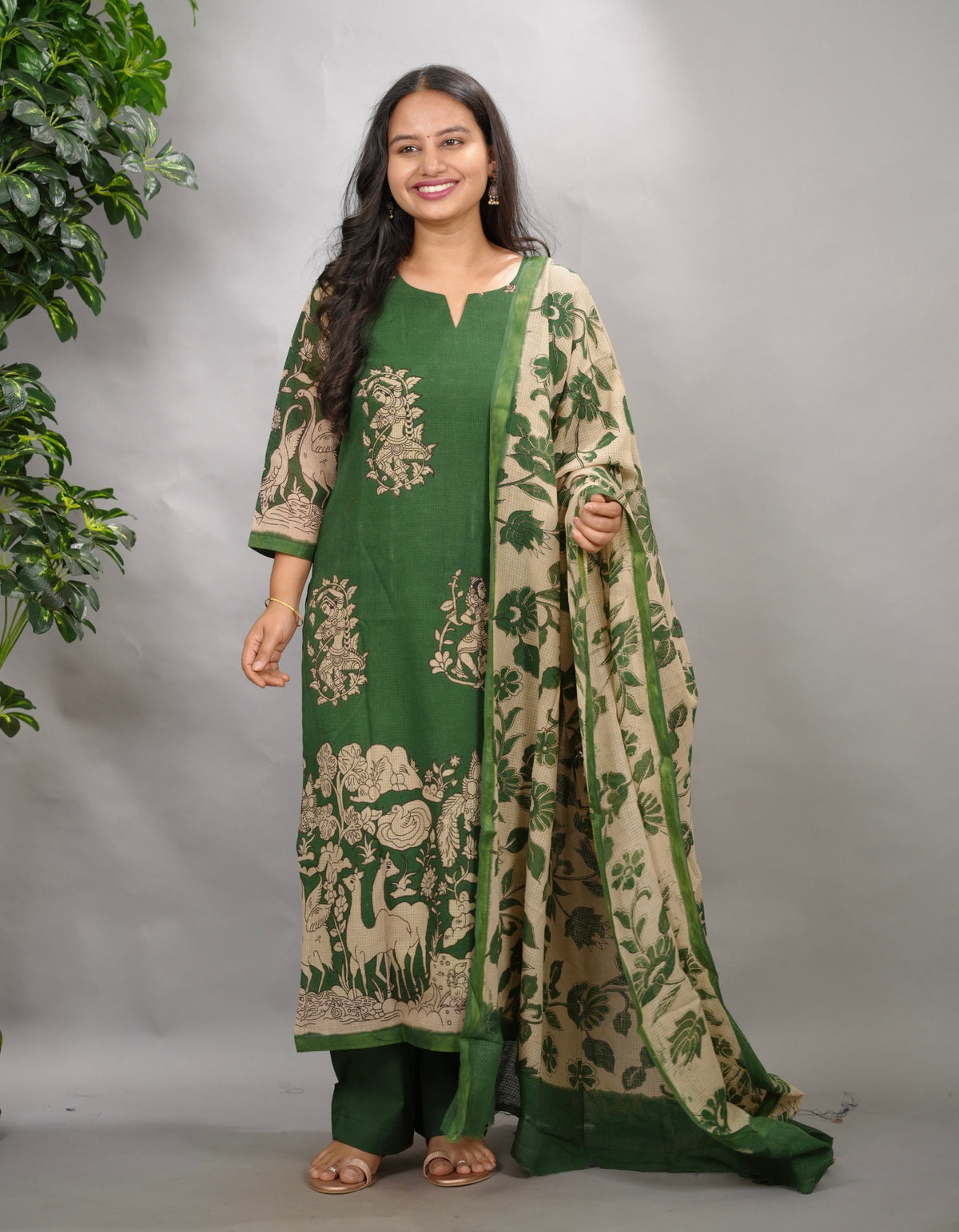 Green Kalamkari Kota Cotton 3 piece suit (stitched) | Looms & Tassels