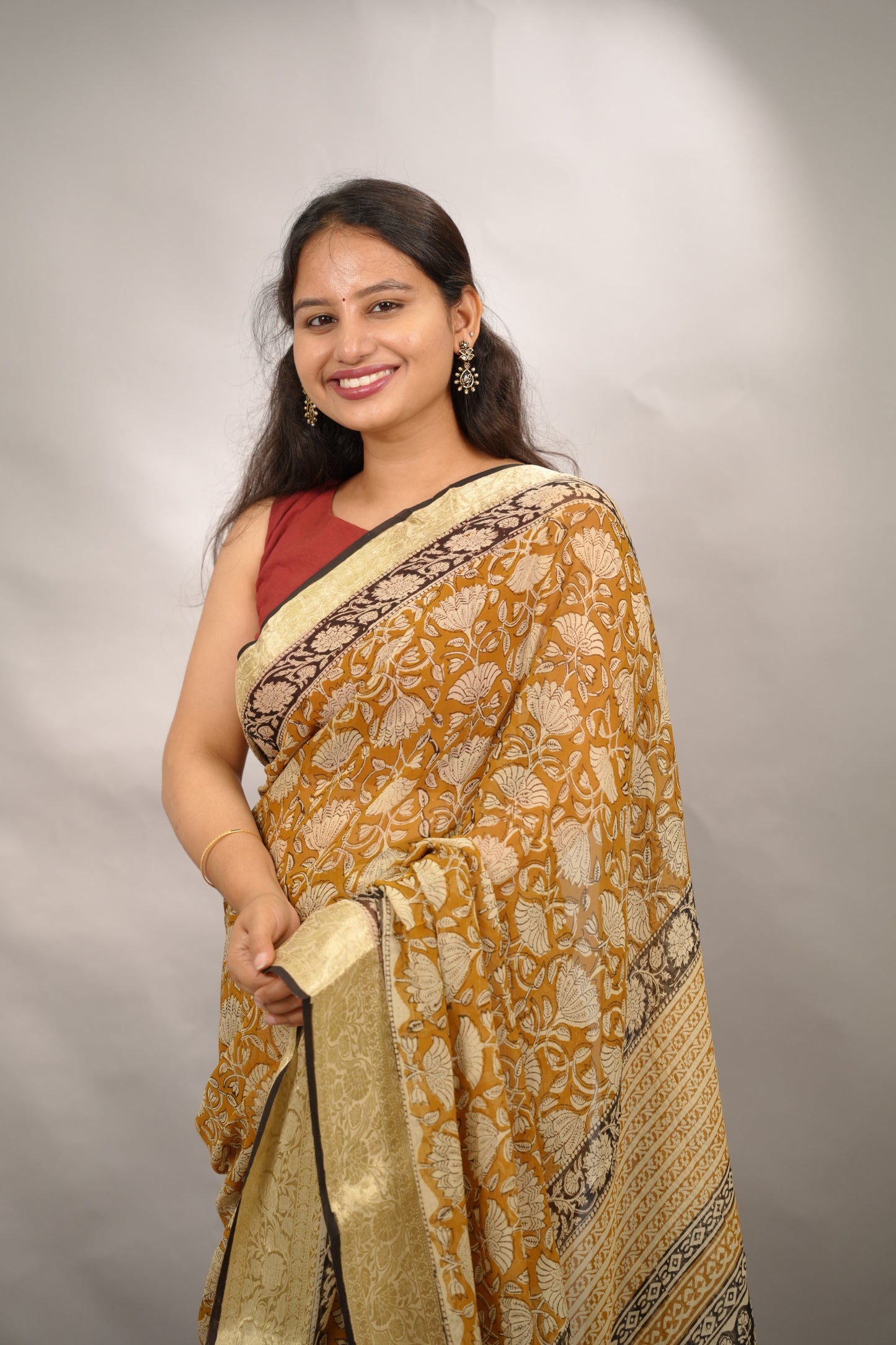 Mustard Chiffon Hand Block Printed Saree with Jari Border | Looms & Tassels