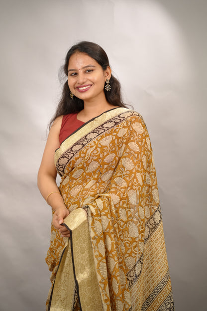 Mustard Chiffon Hand Block Printed Saree with Jari Border | Looms & Tassels