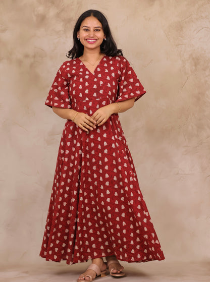 Rust Red Hand Block Printed Pure Mul Cotton Maxi Dress | Looms & Tassels