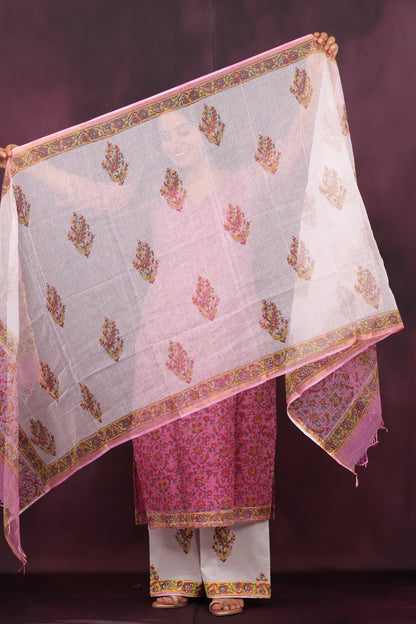Pink Handblock printed kota 3 piece suit (stitched)
