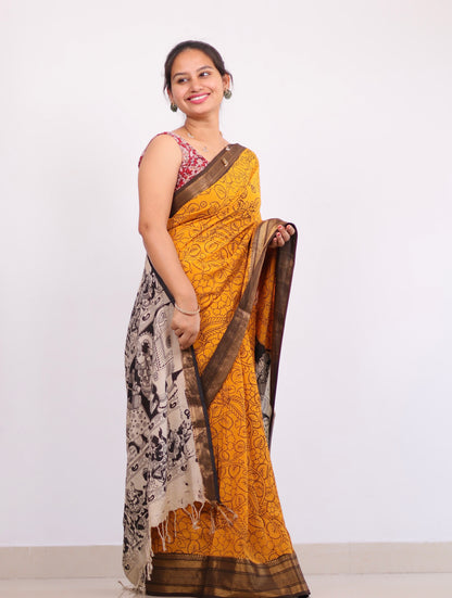 Mustard Dyeing Outline kalamkari silk saree