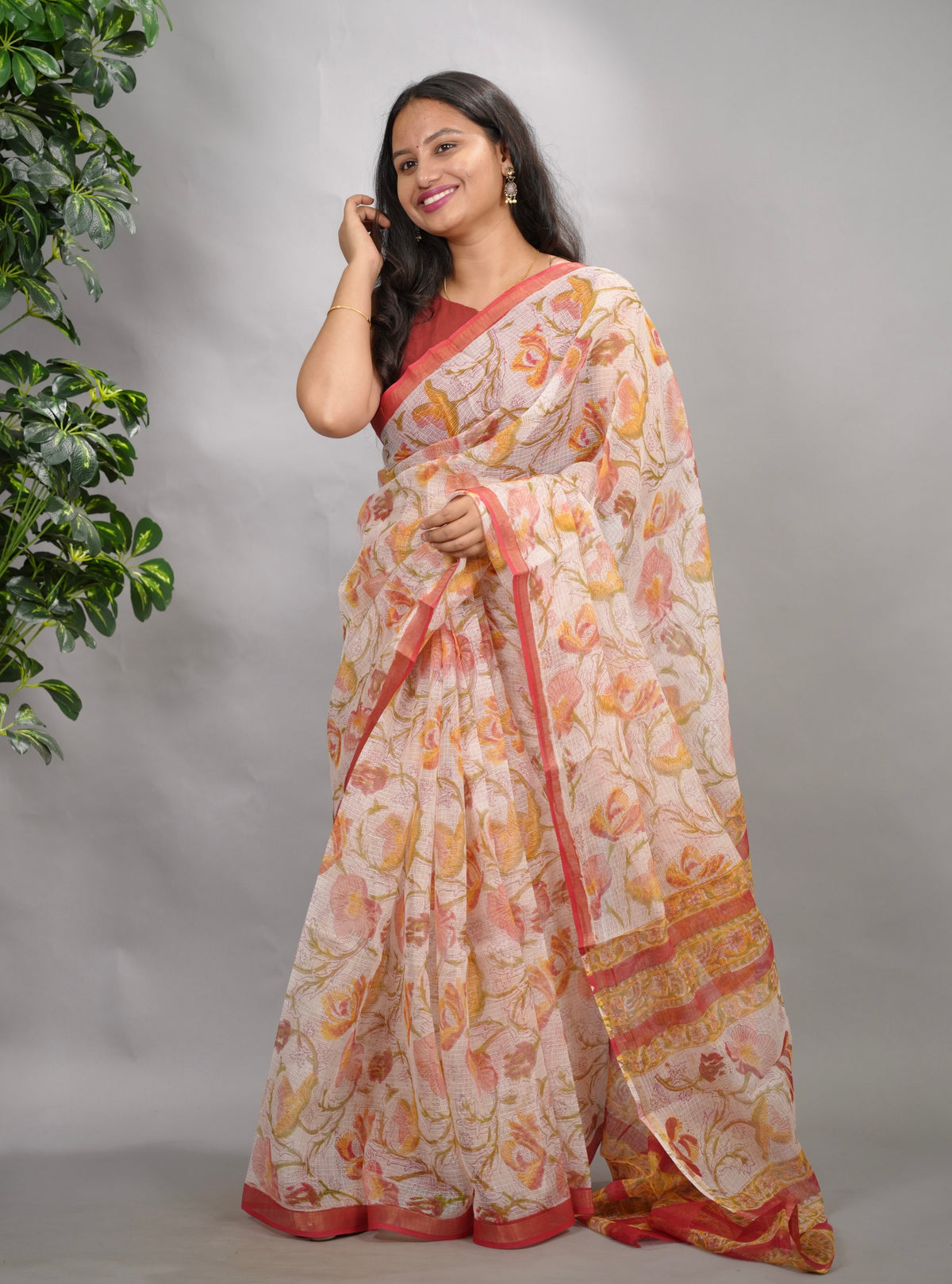 Off white Pure Kota Doria Saree with Bagru Handblock Prints