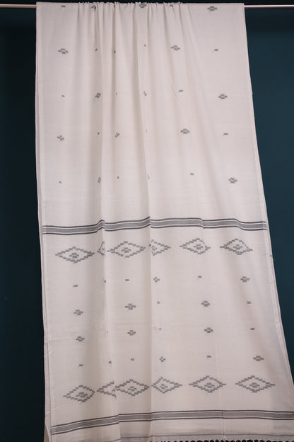 White & Black Pure Handwoven Malai Cotton Saree with Butta Weaving