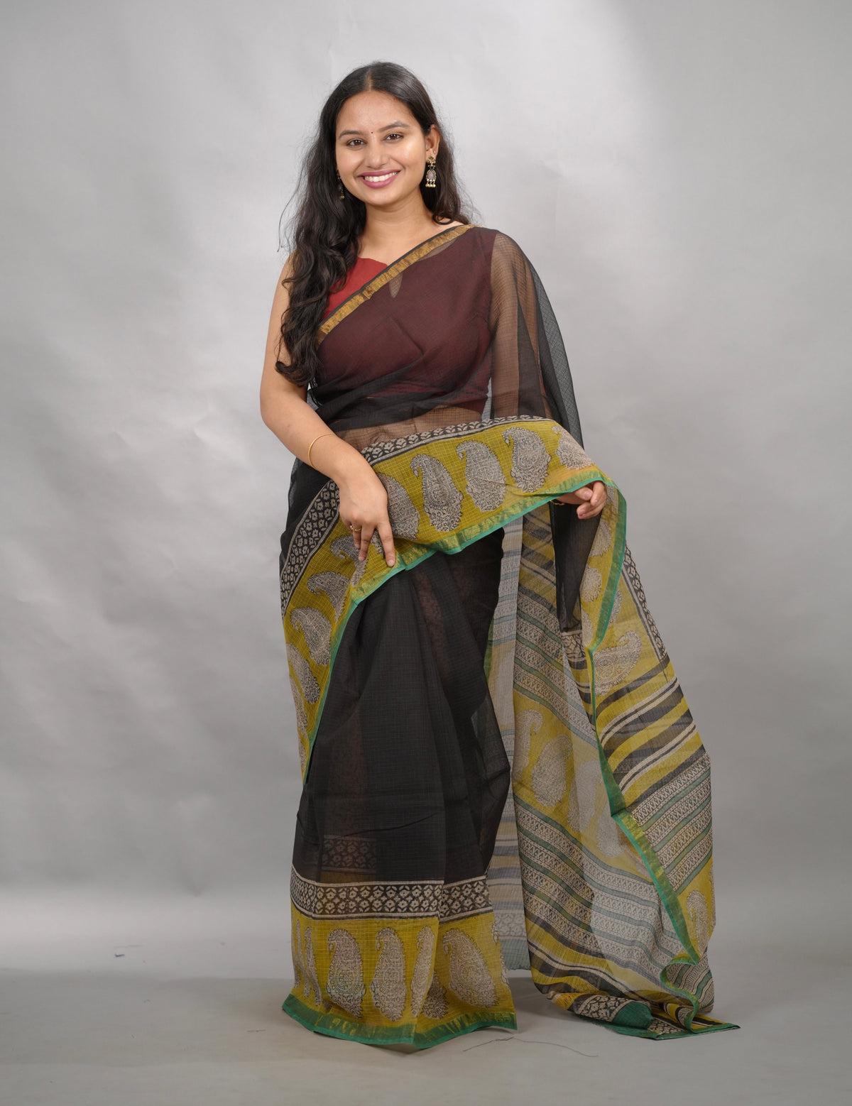 Black & Yellow Pure Kota Doria Saree with Bagru Handblock Prints | Looms & Tassels
