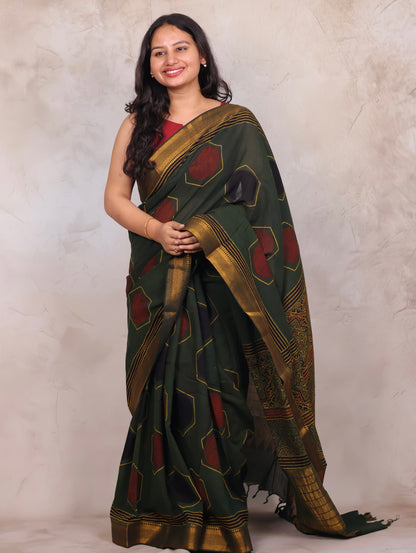 Green Ajrakh Hand Block Printed Mangalagiri Cotton Saree | Looms & Tassels