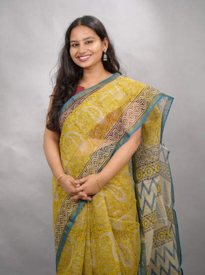 Yellow Pure Kota Doria Saree with Bagru Handblock Prints | Looms & Tassels
