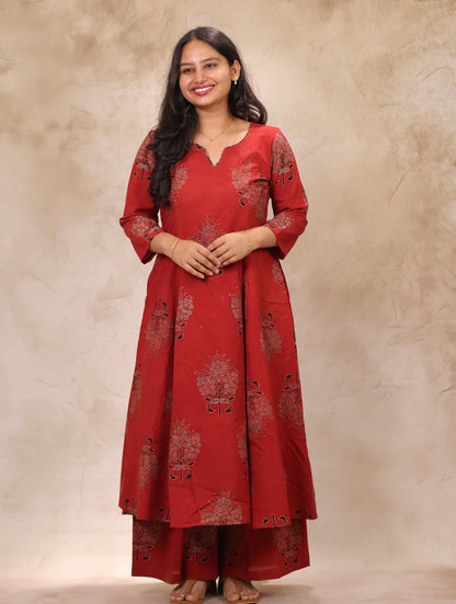 Red Ajrakh Handblock Printed Kali Kurti Co-ord Set (Pure Cotton ) | Looms & Tassels