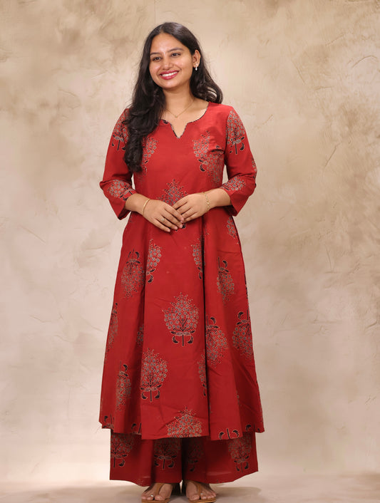 Red Ajrakh Handblock Printed Kali Kurti Co-ord Set (Pure Cotton ) | Looms & Tassels