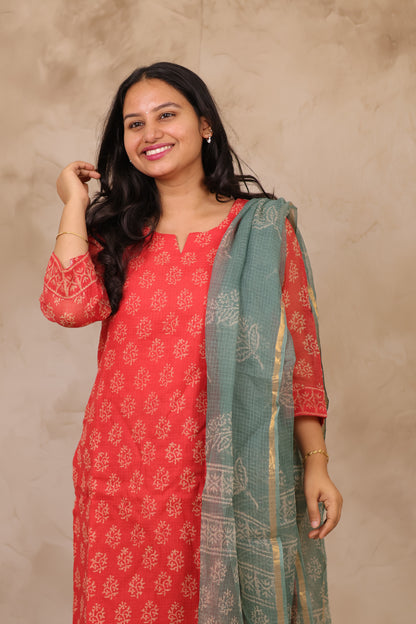 Red & Sea Green Handblock printed kota 3 piece suit (stitched)
