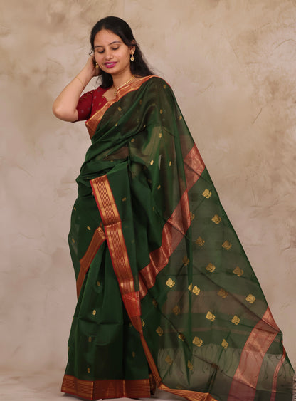 Green Handloom Maheswari Silk Cotton Sarees | Looms & Tassels