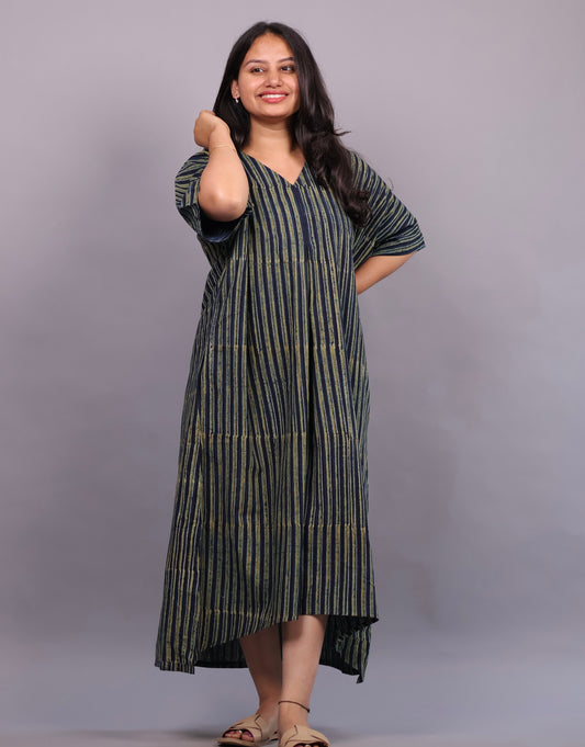 Indigo Ajrakh Handblock Printed Cotton Kaftan – Elegant & Breathable Ethnic Wear | Looms & Tassels