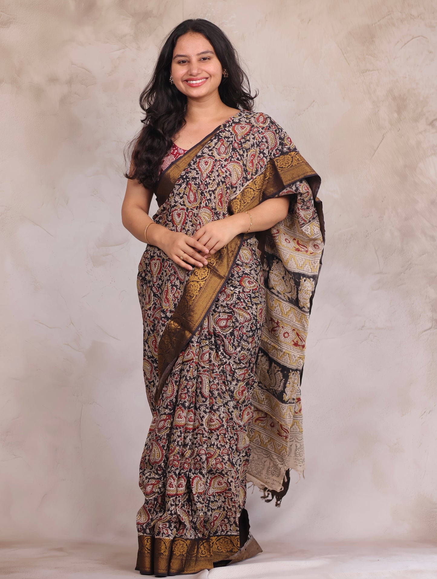 Black Hand Block Printed Kalamkari Kanchi Border Silk Saree