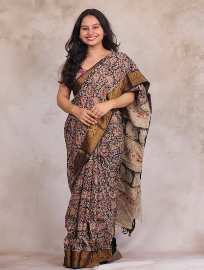 Black Hand Block Printed Kalamkari Kanchi Border Silk Saree