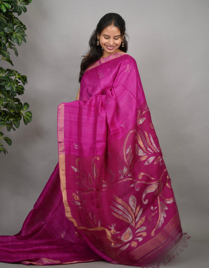 Pink Handloom Jamdhani Pure Matka Silk Saree with Muslin Silk Pallu | Looms & Tassels
