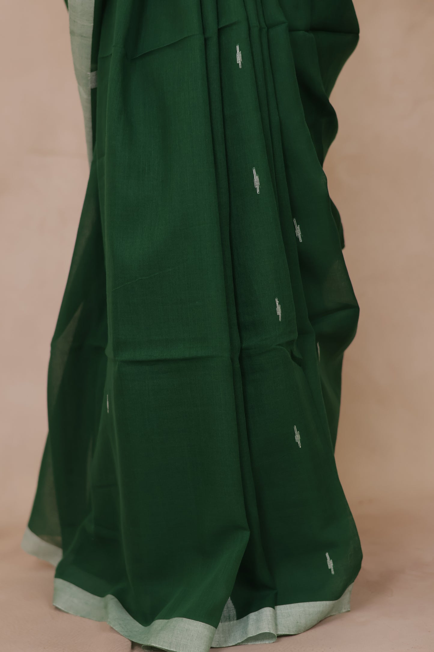 Bottle Green Malai Cotton Saree with Butta Weaving | Looms & Tassels