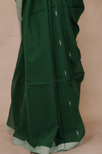 Bottle Green Malai Cotton Saree with Butta Weaving | Looms & Tassels