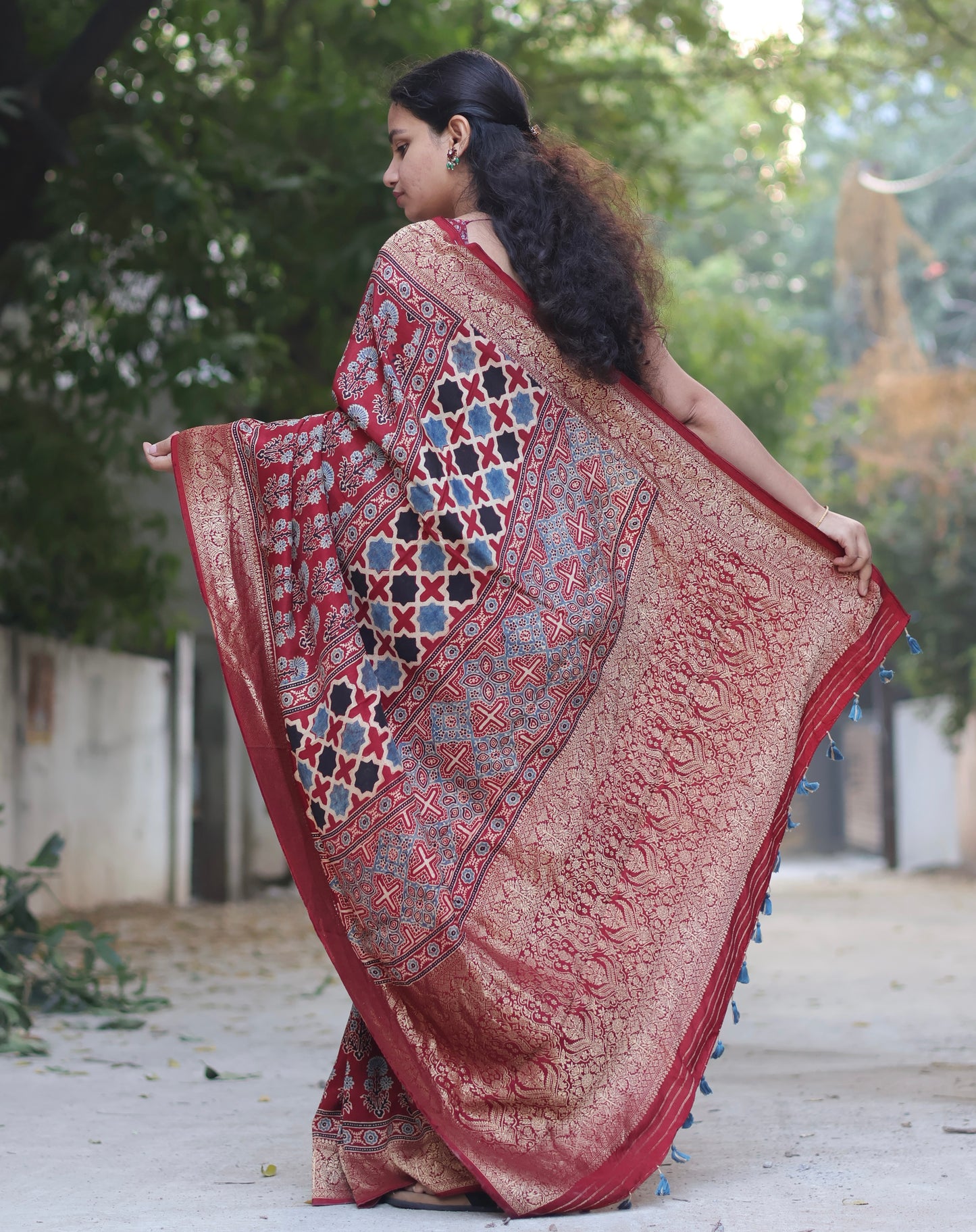 Traditional Ajrakh Handblock Printed Dola Silk Saree
