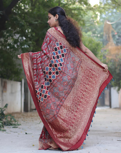 Traditional Ajrakh Handblock Printed Dola Silk Saree