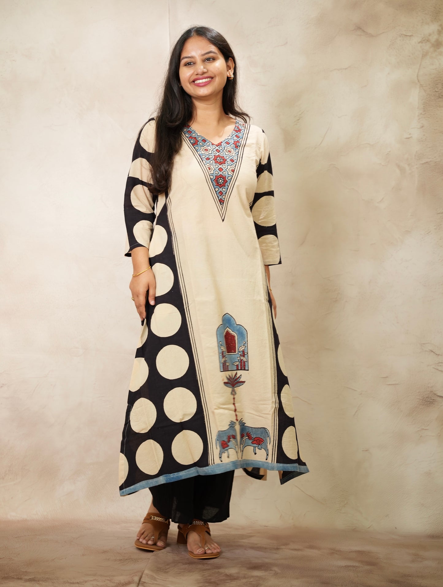 Cream Ajrakh Pattern Hand Block printed Aline Kurti | Looms & Tassels