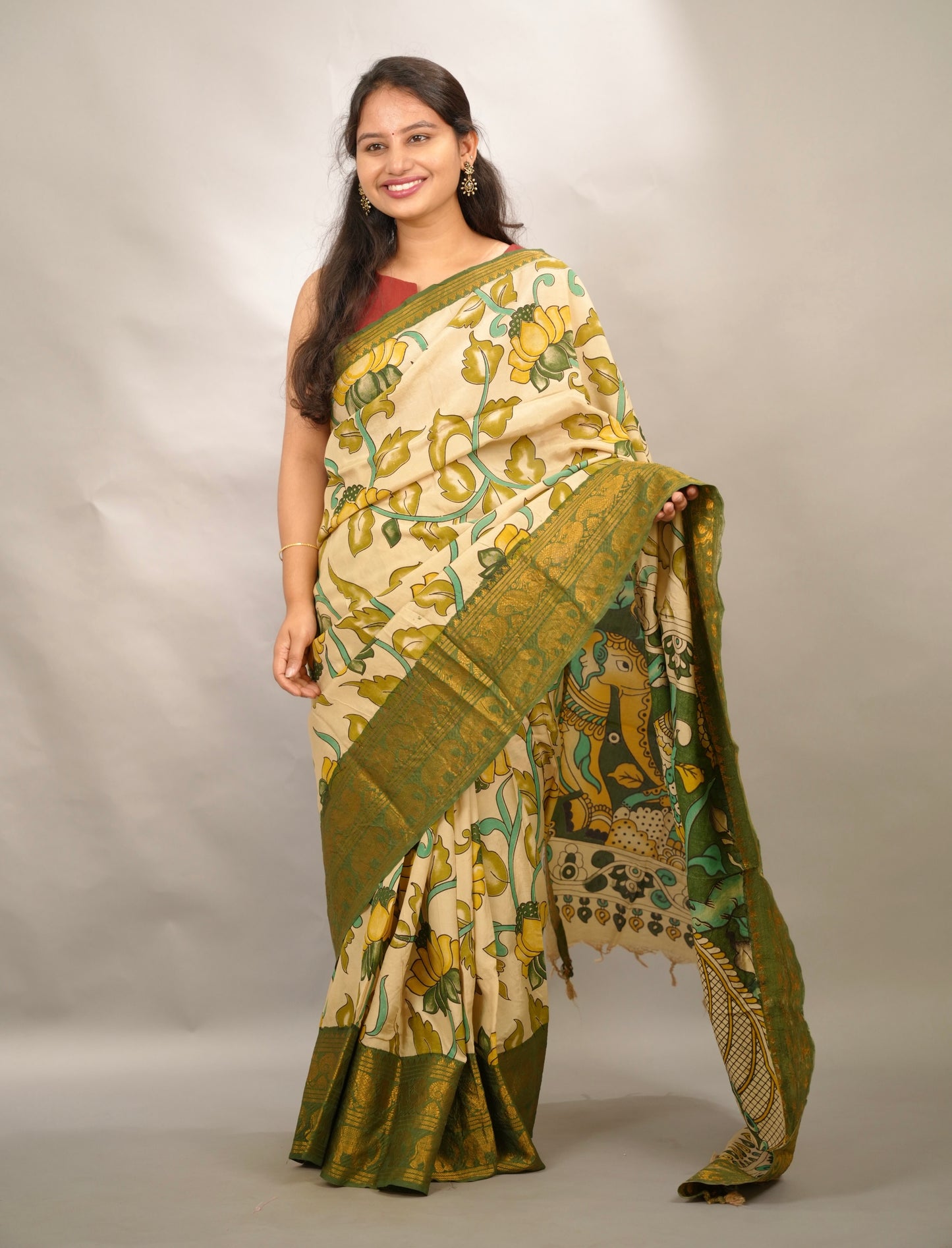 Green Kanchi border Kalamkari chennur silk saree