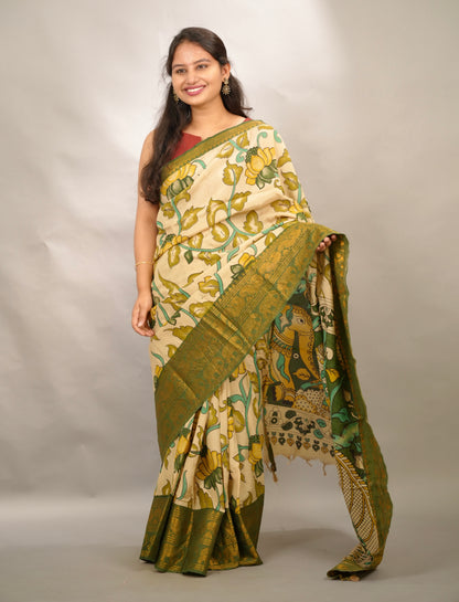 Green Kanchi border Kalamkari chennur silk saree
