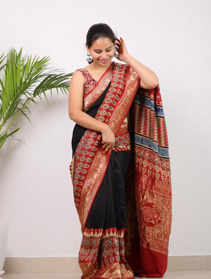 Black & Red Ajrakh Dola Silk Saree