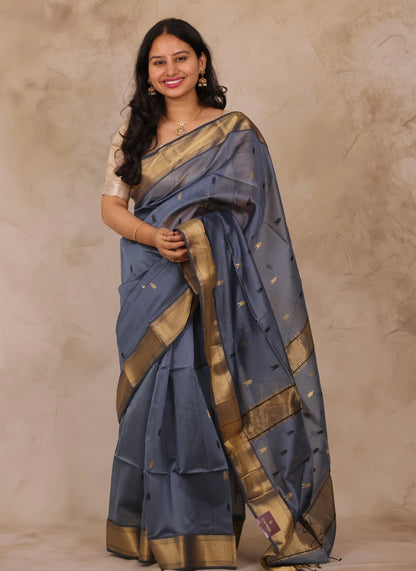Grey Handloom Maheswari Silk Cotton Sarees | Looms & Tassels