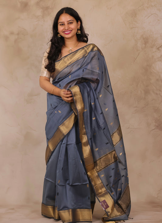 Grey Handloom Maheswari Silk Cotton Sarees | Looms & Tassels