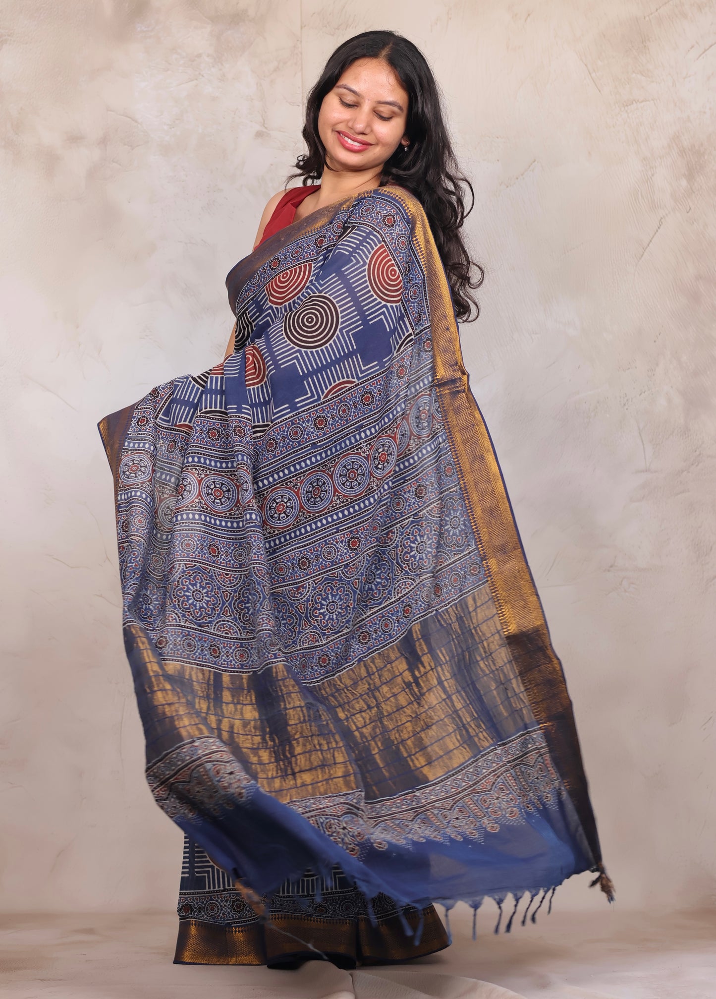 Indigo Ajrakh Hand Block Printed Mangalagiri Cotton Saree | Looms & Tassels