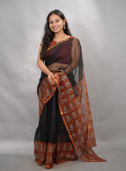 Black & Maroon Pure Kota Doria Saree with Bagru Handblock Prints | Looms & Tassels