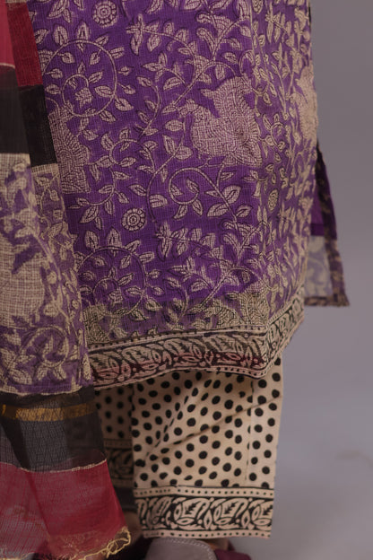 Lavender Handblock printed kota 3 piece suit (stitched)