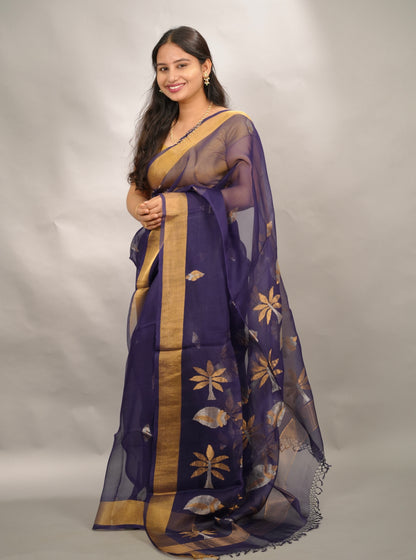 Dark Blue Handloom Muslin Silk Saree With jamdhani weaving | Looms & Tassels