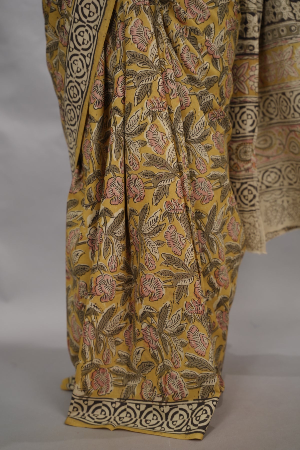 Mustard Hand Block Printed Kalamkari Cotton Saree | Looms & Tassels