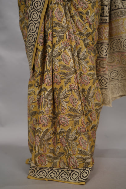 Mustard Hand Block Printed Kalamkari Cotton Saree | Looms & Tassels