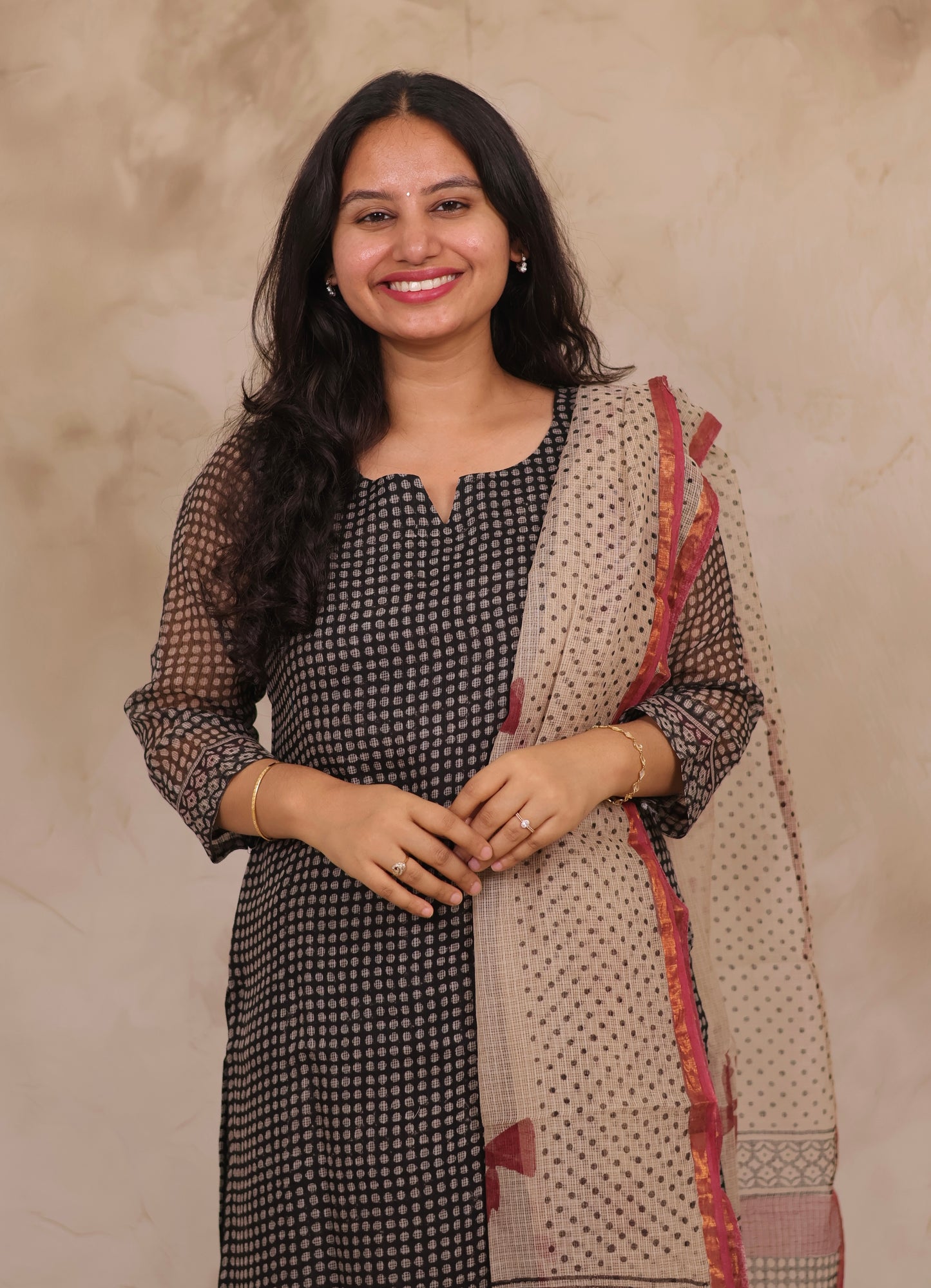 Black Polka Dots Handblock printed kota 3 piece suit (stitched)
