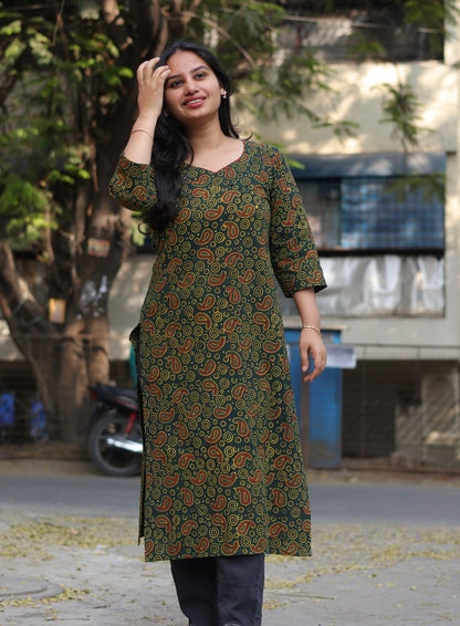 Green Ajrakh Hand Block Printed Kurti