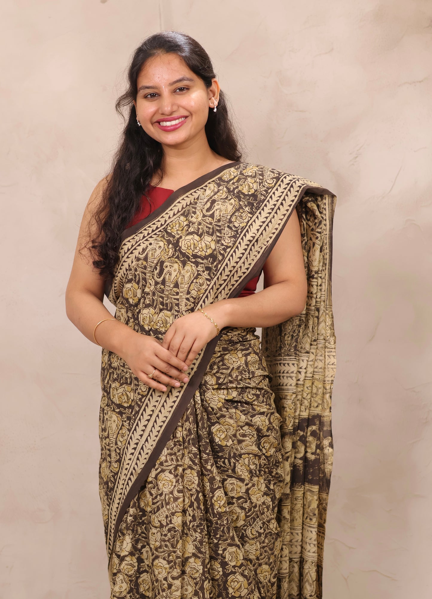 Black Hand Block Printed Kalamkari Cotton Saree | Looms & Tassels