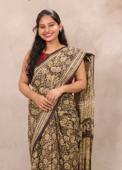 Black Hand Block Printed Kalamkari Cotton Saree | Looms & Tassels
