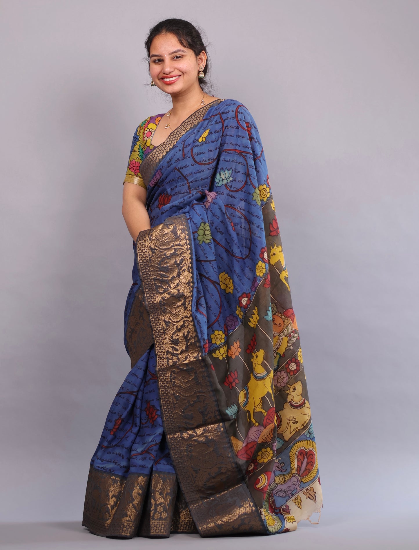 Blue Hand Painted Pen Kalamkari Silk Saree