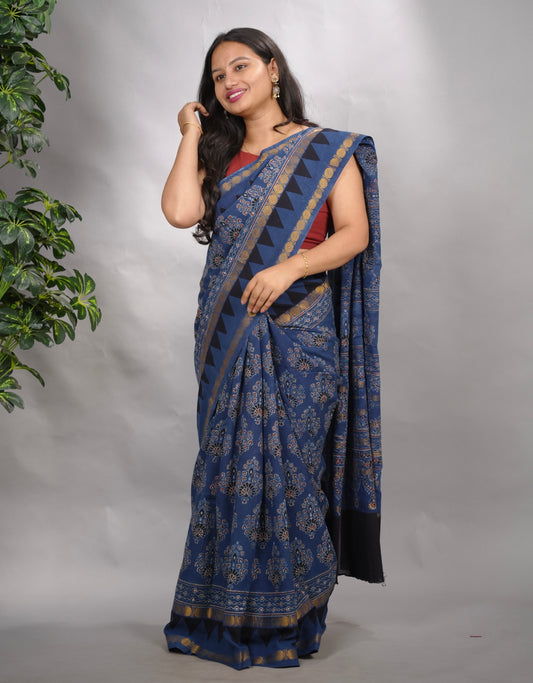 Indigo Ajrakh Hand Block Printed Sungudi Cotton Saree | Looms & Tassels