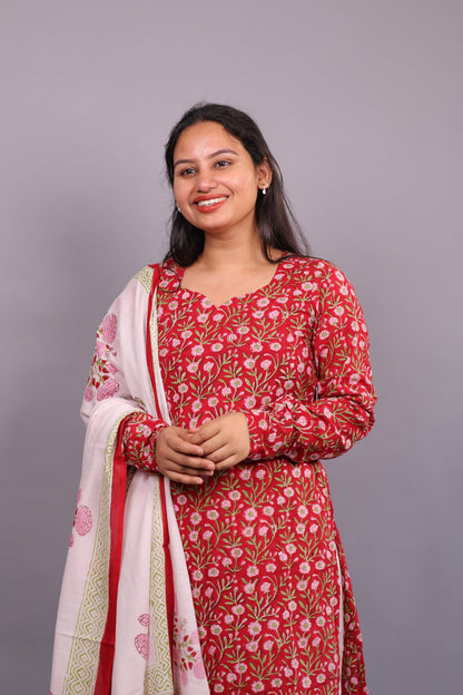 Red Floral Handblock printed Pure Mul Cotton with Mul Cotton Duppata 3 piece suit In Chudi Sleeves (stitched)