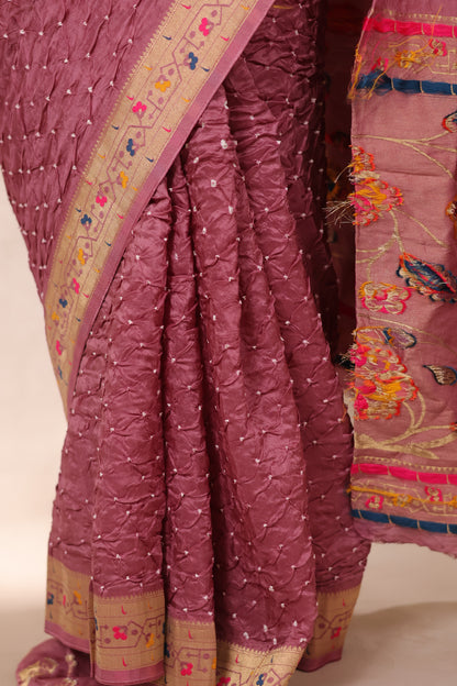 Onion Pink Handcrafted Bandhani Paithani Dola Silk Saree | Looms & Tassels